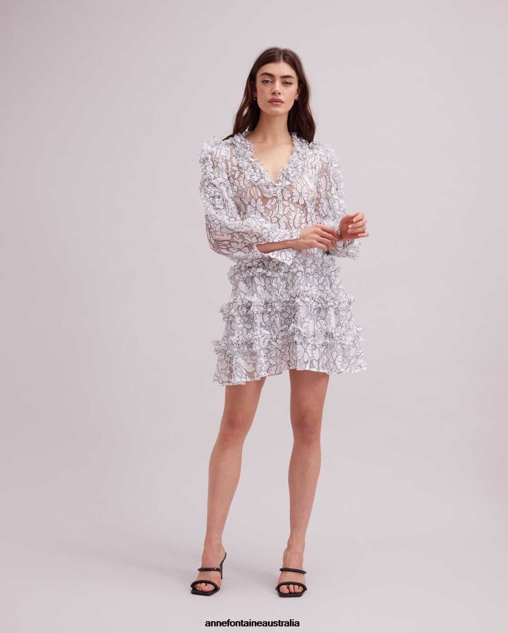 Anne Fontaine Clothing 2VZRJ115 Women Senequier Dress Lace Dress With Contrasting Trim and Ruffle Details Black/White