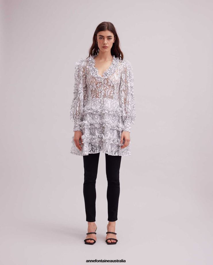 Anne Fontaine Clothing 2VZRJ115 Women Senequier Dress Lace Dress With Contrasting Trim and Ruffle Details Black/White