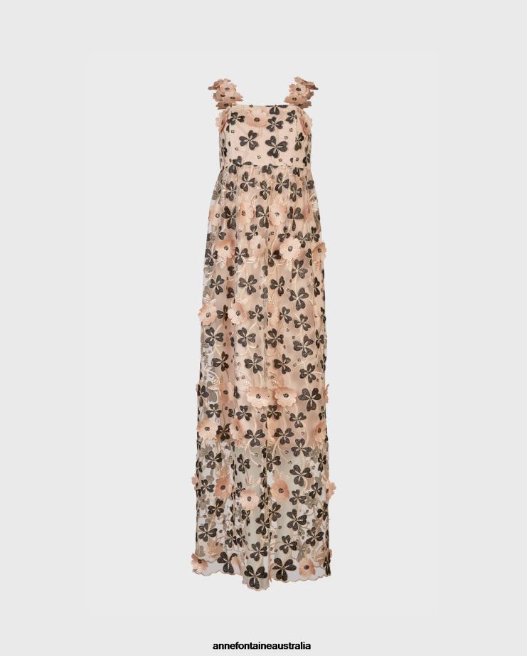 Anne Fontaine Clothing 2VZRJ118 Women Belharra Dress Long Semi-Sheer Dress With And 3D Floral Appliques Black/Beige/Gold