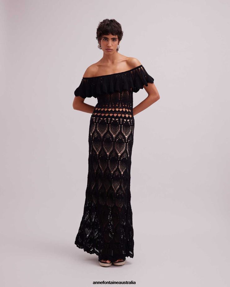 Anne Fontaine Clothing 2VZRJ122 Women Soleil Dress off the Shoulder Crochet Maxi Dress Black