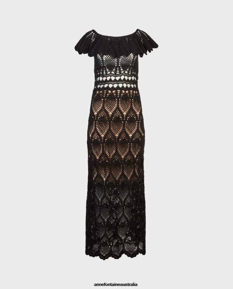 Anne Fontaine Clothing 2VZRJ122 Women Soleil Dress off the Shoulder Crochet Maxi Dress Black