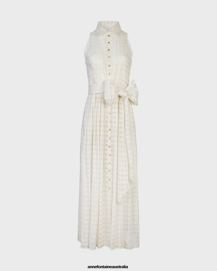 Anne Fontaine Clothing 2VZRJ58 Women Pictural Dress Long Cream Embroidered Eyelet Sleeveless Shirt Dress With Waist Belt Or Clair