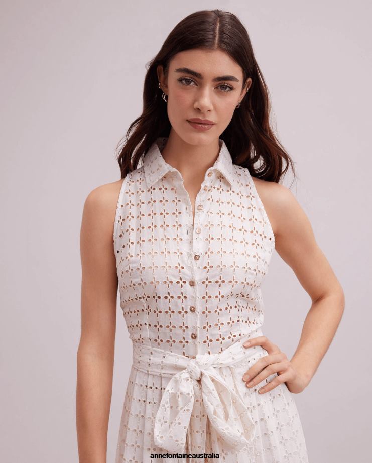Anne Fontaine Clothing 2VZRJ58 Women Pictural Dress Long Cream Embroidered Eyelet Sleeveless Shirt Dress With Waist Belt Or Clair
