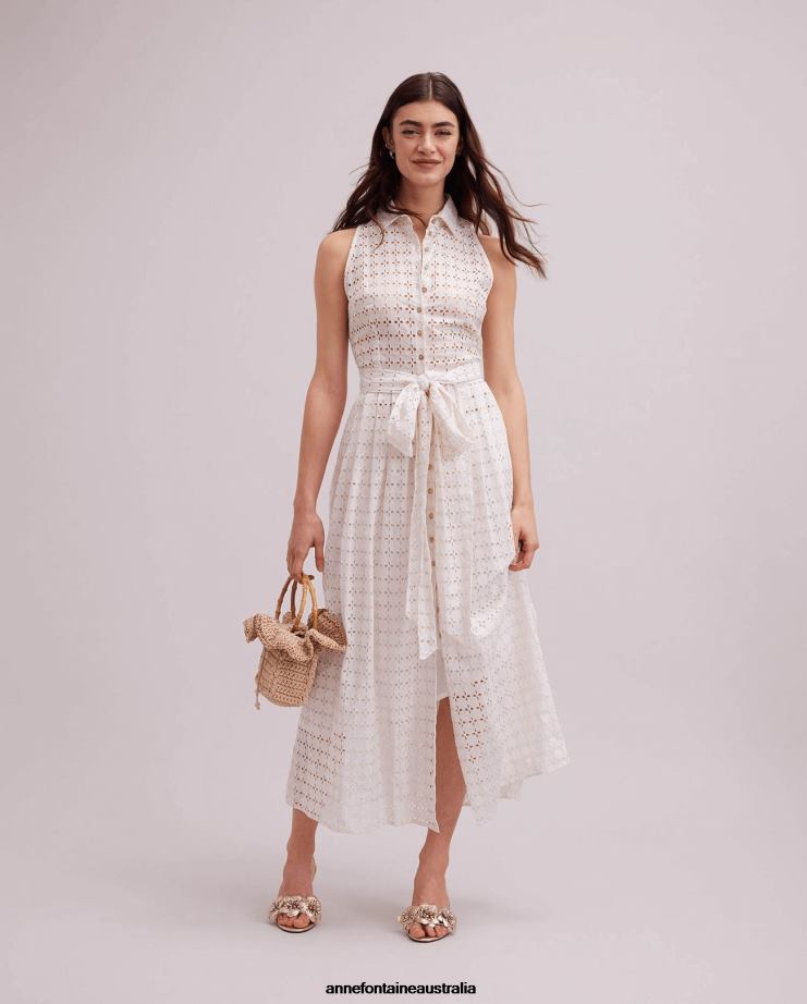 Anne Fontaine Clothing 2VZRJ58 Women Pictural Dress Long Cream Embroidered Eyelet Sleeveless Shirt Dress With Waist Belt Or Clair
