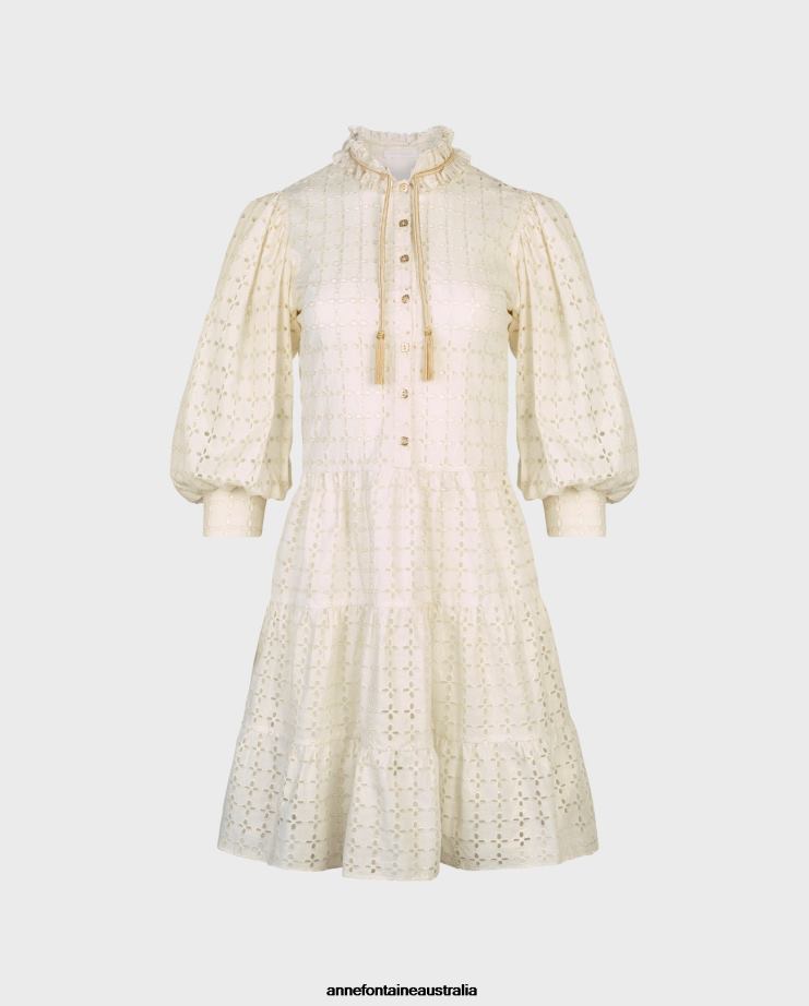 Anne Fontaine Clothing 2VZRJ59 Women Parure Mid-length Dress With Geometric Designs And Removeable Fabric Waist Belt Beige/Gold