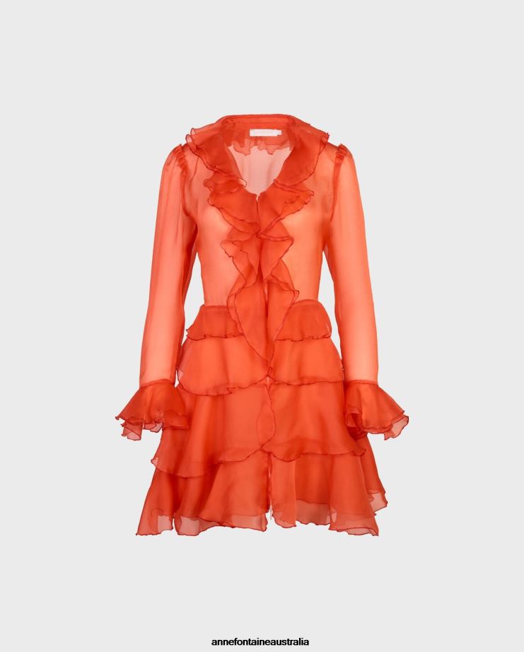 Anne Fontaine Clothing 2VZRJ63 Women Lavande Shirt Dress Long Sleeve Silk Organza Shirt Dress With Ruffle Details Orange