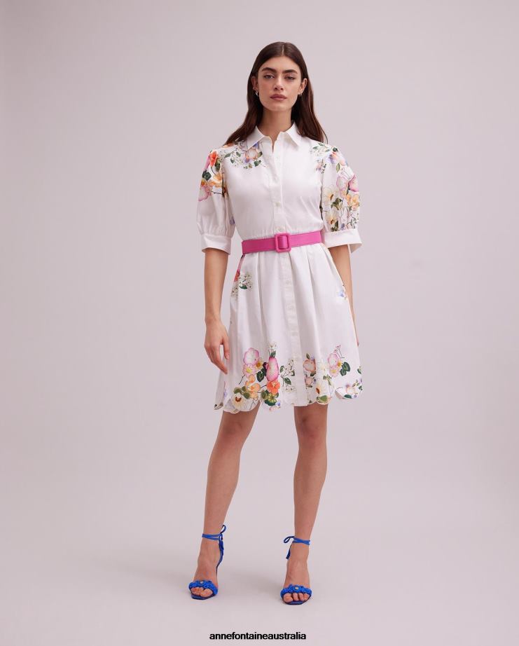 Anne Fontaine Clothing 2VZRJ64 Women Mimosa Dress Shirt Dress With Colorful Floral Pattern Details White