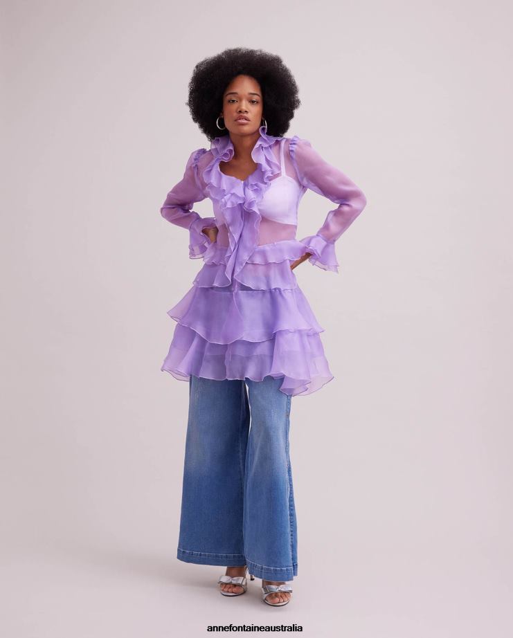Anne Fontaine Clothing 2VZRJ66 Women Lavande Shirt Dress Purple Long Sleeve Silk Organza Shirt Dress With Ruffle Details Parme