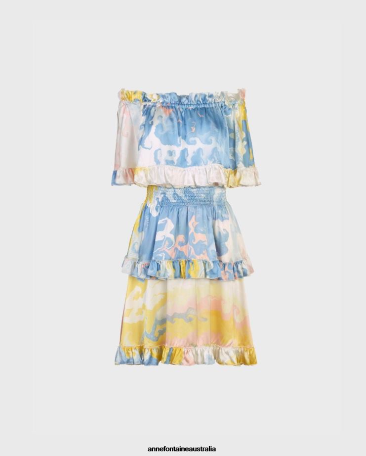 Anne Fontaine Clothing 2VZRJ68 Women Ceramic Dress Watercolor Print Silk Dress With Ruffle Tier Details Blue