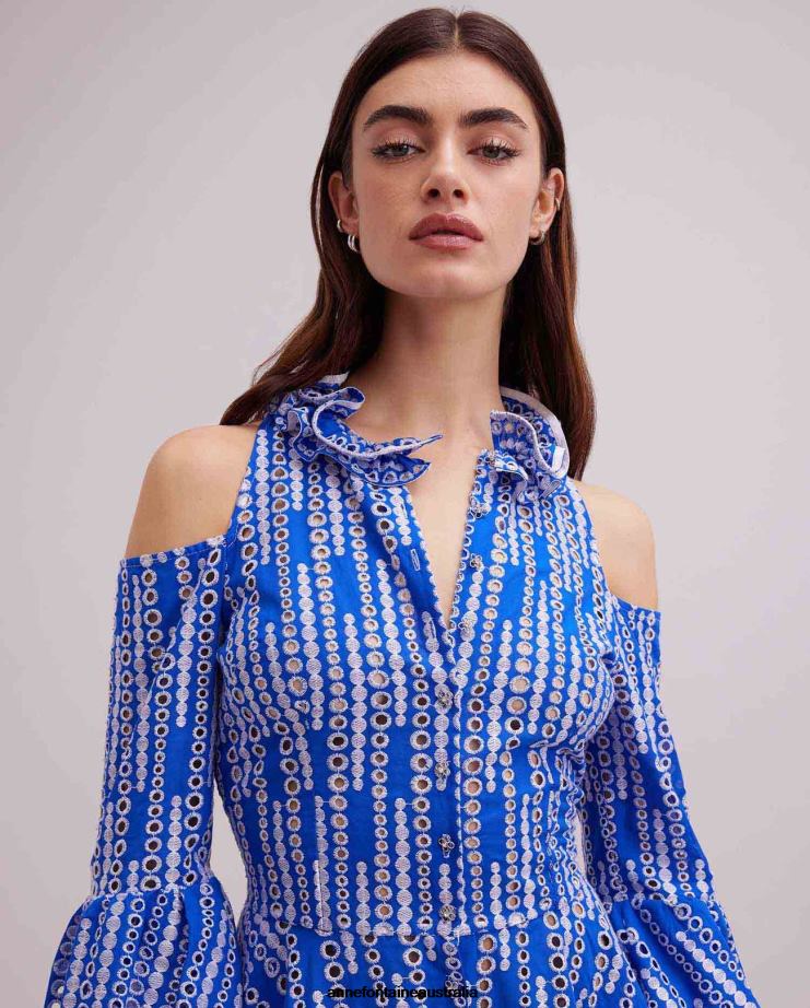 Anne Fontaine Clothing 2VZRJ69 Women Printemps Dress and Cold Shoulder Eyelet Dress White/Blue