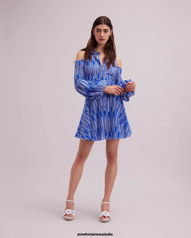 Anne Fontaine Clothing 2VZRJ69 Women Printemps Dress and Cold Shoulder Eyelet Dress White/Blue