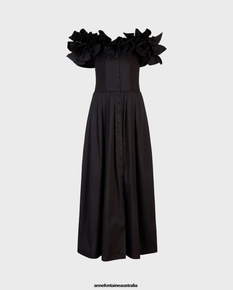 Anne Fontaine Clothing 2VZRJ71 Women Oihana Dress Long Dress With Ruffle Details Black