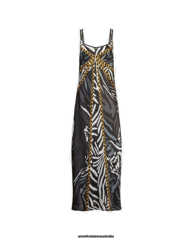 Anne Fontaine Clothing 2VZRJ73 Women Lavandou Dress Maxi Silk Slip Dress With Zebra Design Black