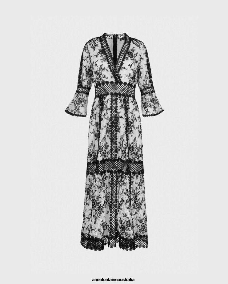 Anne Fontaine Clothing 2VZRJ80 Women Amodio Dress Long FloralLace Dress with Ruffle Sleeves andDaisyLattice Trims Black/White