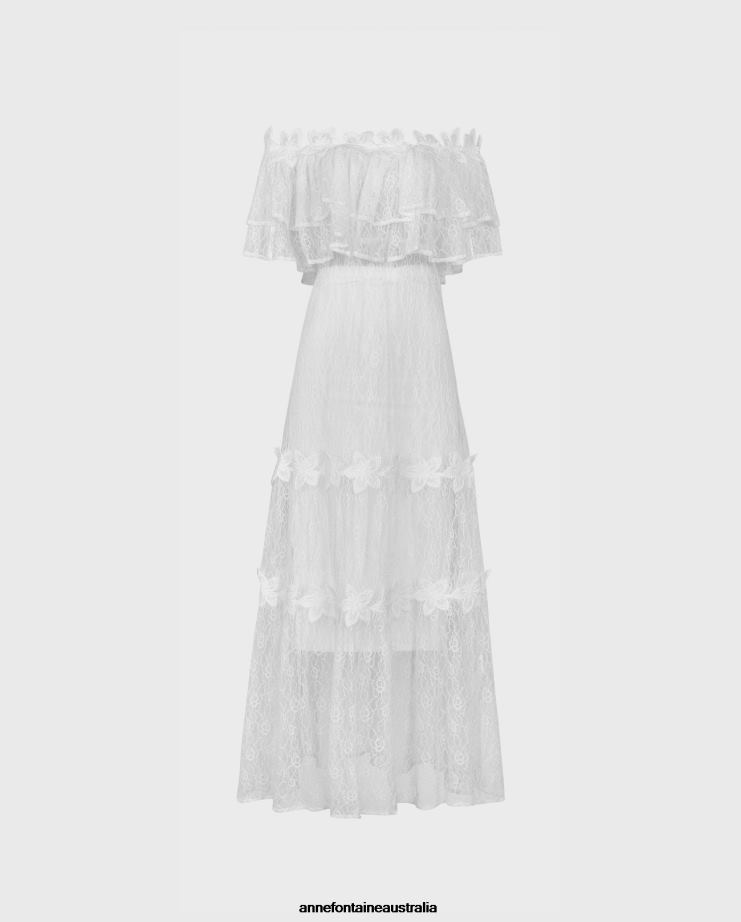 Anne Fontaine Clothing 2VZRJ83 Women Aloha Dress Off the Shoulder LaceMaxi Dress with LaceFlower Details White