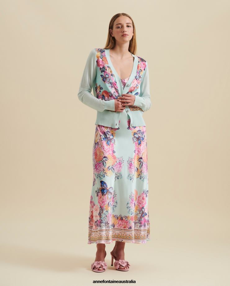Anne Fontaine Clothing 2VZRJ84 Women Haitza Dress Spaghetti Strap Silk Dress With Butterfly and Floral Printed Design Blue