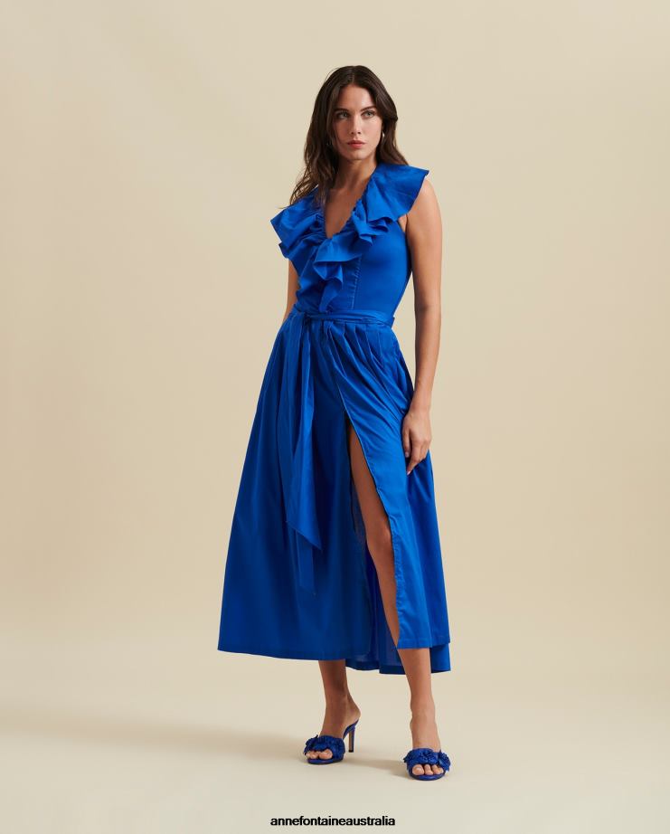 Anne Fontaine Clothing 2VZRJ86 Women Hendaye Dress Halter Style Maxi Dress With Pleats and Ruffled Details Blue