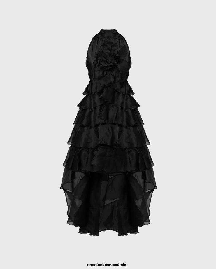 Anne Fontaine Clothing 2VZRJ90 Women Cheryl Dress Long High-Low Silk Organza Dress With Frills Black