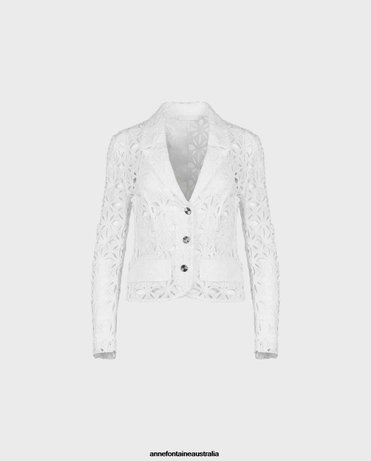 Anne Fontaine Clothing 2VZRJ396 Women Gordes Jacket Long Sleeve Unlined Eyelet Blazer With Decorative Buttons White