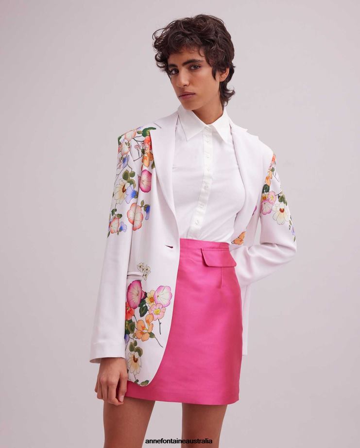 Anne Fontaine Clothing 2VZRJ398 Women Color Blazer Off- Long Length Blazer With Colorful Floral Patterns Throughout White