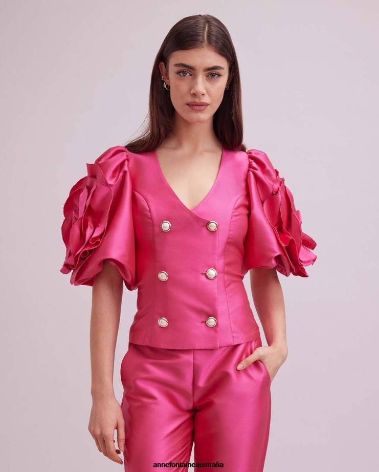 Anne Fontaine Clothing 2VZRJ399 Women Fauvisme Jacket Satin Jacket With Pearl Buttons and Large 3D Rose Sleeve Details Fuchsia