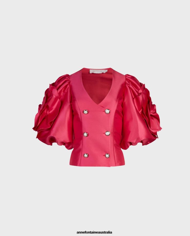 Anne Fontaine Clothing 2VZRJ399 Women Fauvisme Jacket Satin Jacket With Pearl Buttons and Large 3D Rose Sleeve Details Fuchsia