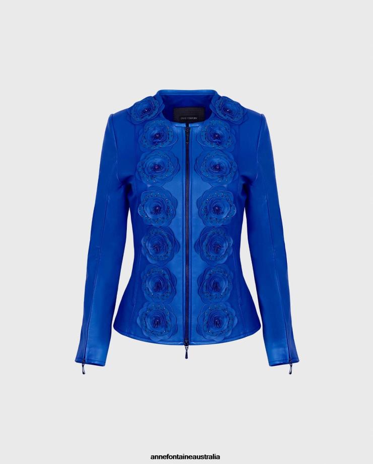 Anne Fontaine Clothing 2VZRJ402 Women Loryna Jacket Leather Jacket With Floral Detailing Blue
