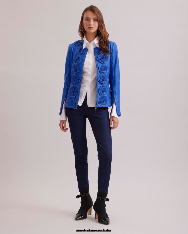 Anne Fontaine Clothing 2VZRJ402 Women Loryna Jacket Leather Jacket With Floral Detailing Blue