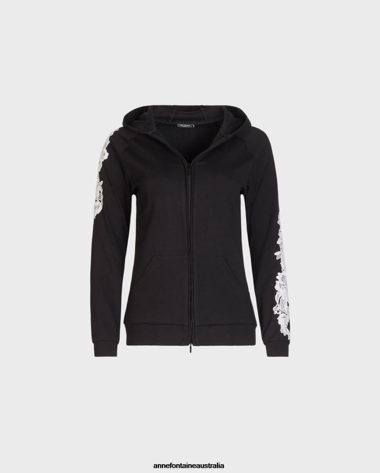 Anne Fontaine Clothing 2VZRJ408 Women Pamphlet Jacket Knit Hoodie With Front Zip and Embroidered Applique Sleeves Black/White