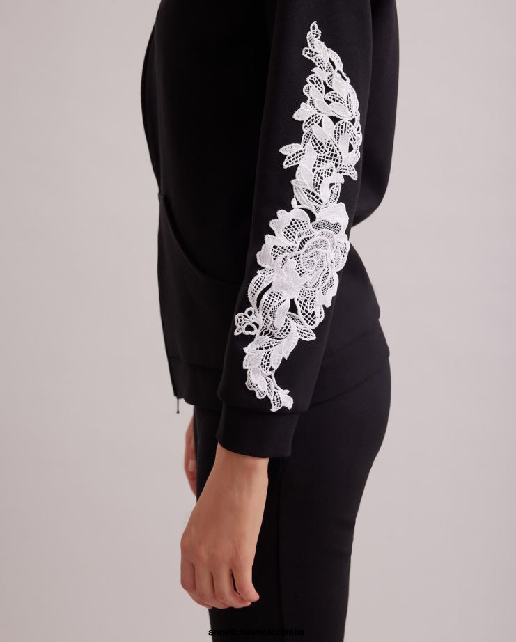 Anne Fontaine Clothing 2VZRJ408 Women Pamphlet Jacket Knit Hoodie With Front Zip and Embroidered Applique Sleeves Black/White