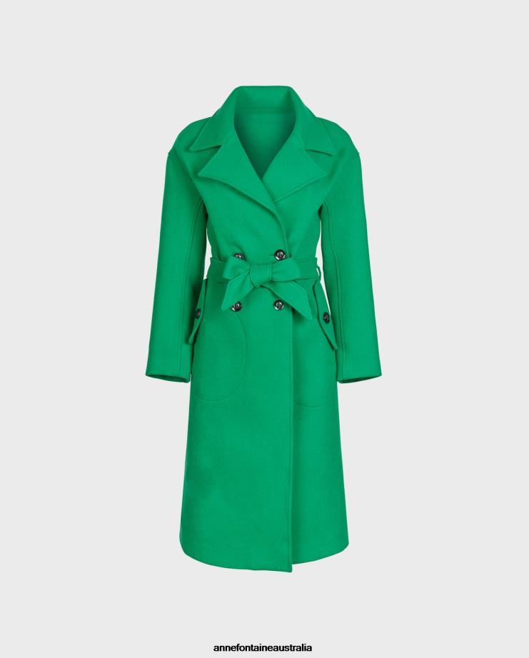 Anne Fontaine Clothing 2VZRJ410 Women Author Coat TrenchCoat With Large Notched Collar and Tie Waist Belt Mint