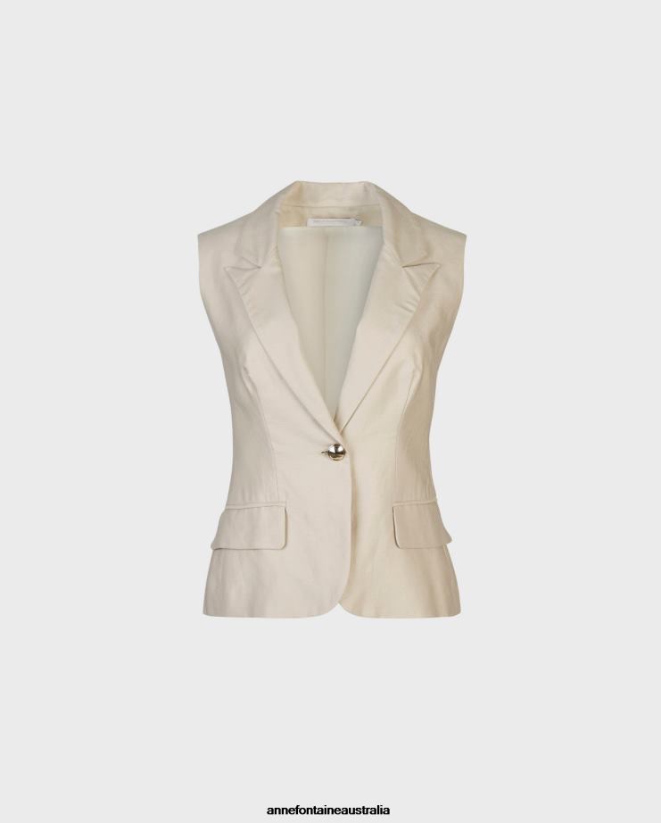Anne Fontaine Clothing 2VZRJ411 Women Erle Vest Sleeveless Linen Blazer Jacket with Notch Lapel Brown