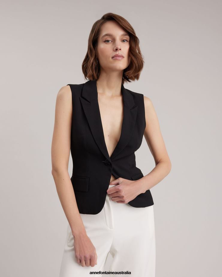 Anne Fontaine Clothing 2VZRJ414 Women Varly Vest Single-Button Tailored Vest With Notch Lapel Black