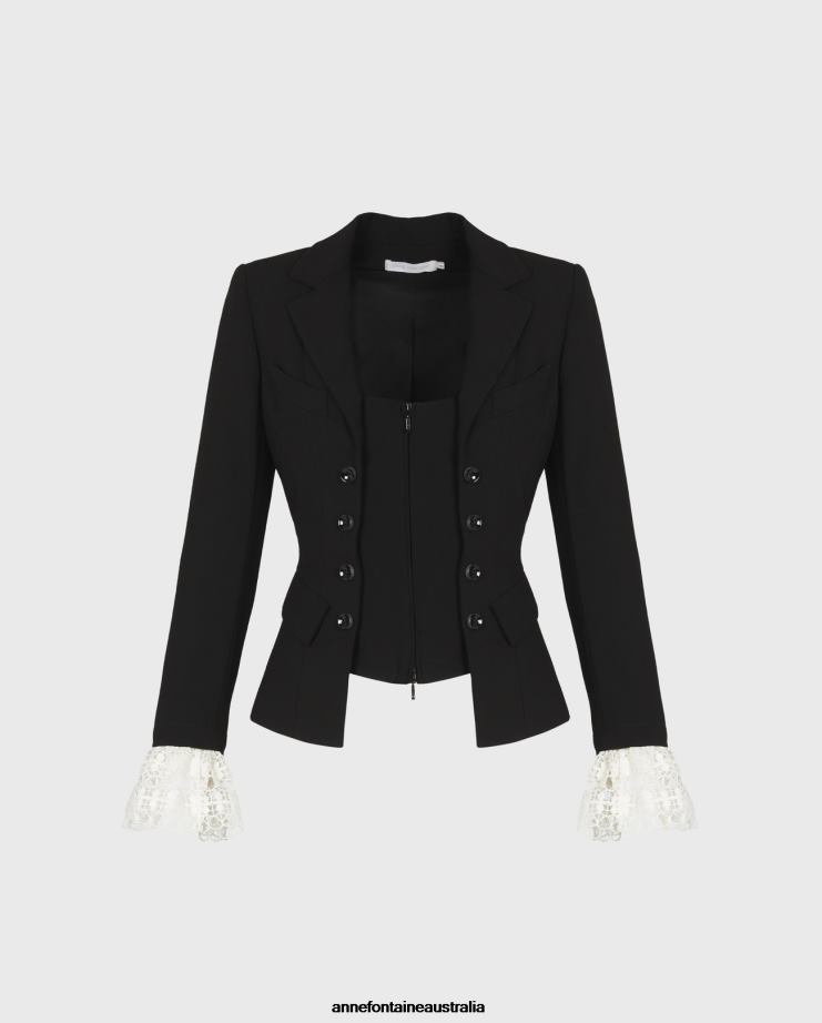 Anne Fontaine Clothing 2VZRJ416 Women Maestro Jacket Long Sleeve Crepe Jacket With Lace Cuff Detailing Black