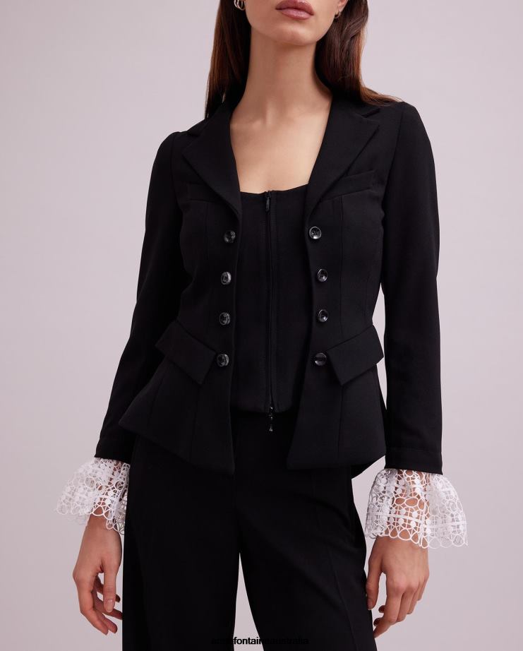 Anne Fontaine Clothing 2VZRJ416 Women Maestro Jacket Long Sleeve Crepe Jacket With Lace Cuff Detailing Black