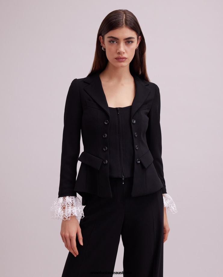 Anne Fontaine Clothing 2VZRJ416 Women Maestro Jacket Long Sleeve Crepe Jacket With Lace Cuff Detailing Black