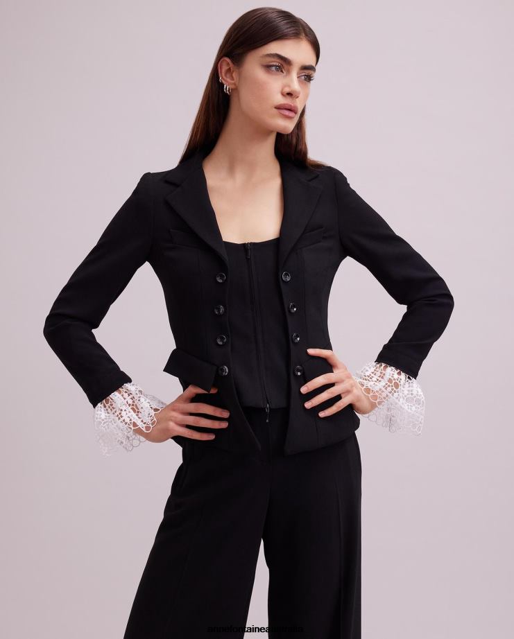 Anne Fontaine Clothing 2VZRJ416 Women Maestro Jacket Long Sleeve Crepe Jacket With Lace Cuff Detailing Black