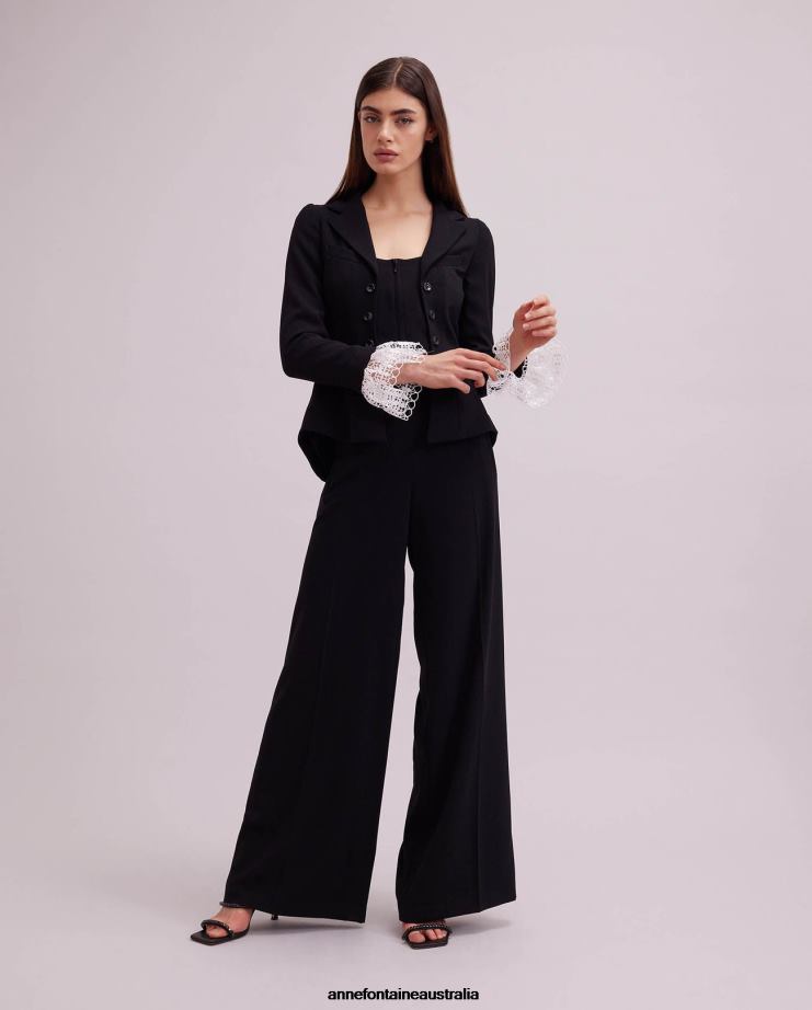 Anne Fontaine Clothing 2VZRJ416 Women Maestro Jacket Long Sleeve Crepe Jacket With Lace Cuff Detailing Black