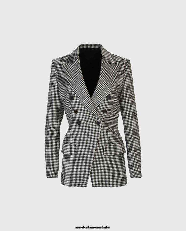 Anne Fontaine Clothing 2VZRJ419 Women Chess Blazer and Houndstooth Double-Breasted Blazer With a Notched Lapel Black/White