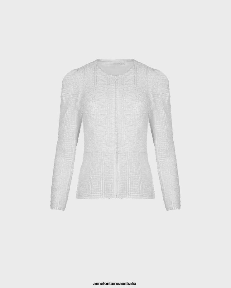 Anne Fontaine Clothing 2VZRJ421 Women Encrier Jacket Grid Fabric Jacket With Eyelash Trim White