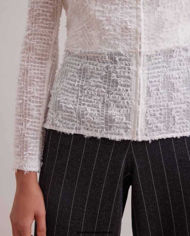 Anne Fontaine Clothing 2VZRJ421 Women Encrier Jacket Grid Fabric Jacket With Eyelash Trim White