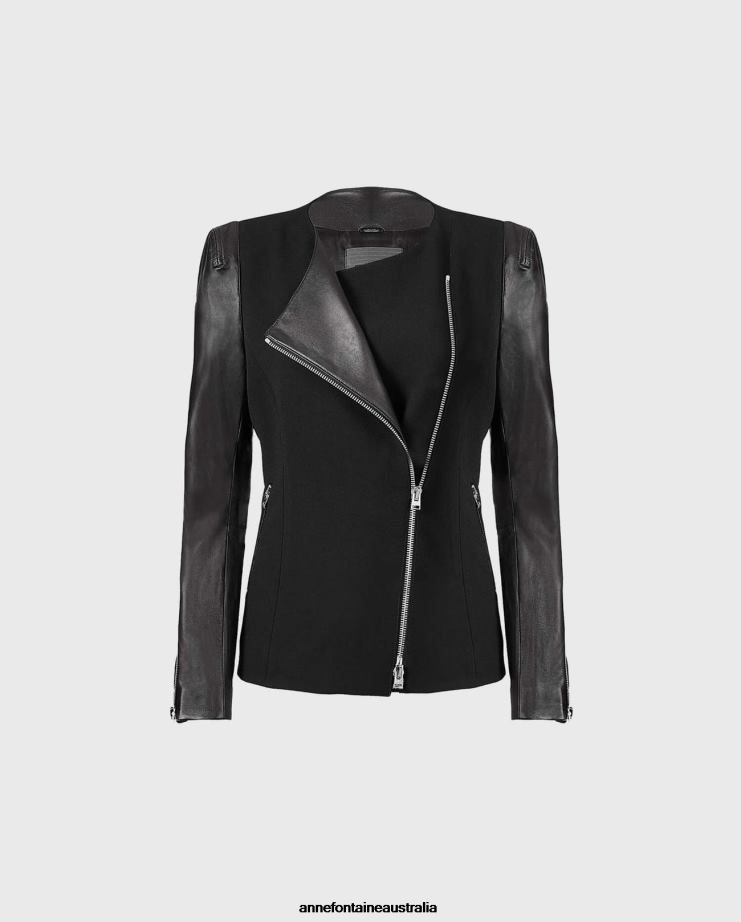 Anne Fontaine Clothing 2VZRJ426 Women Fatine Jacket Motorcycle Style Bi-material Jacket Black