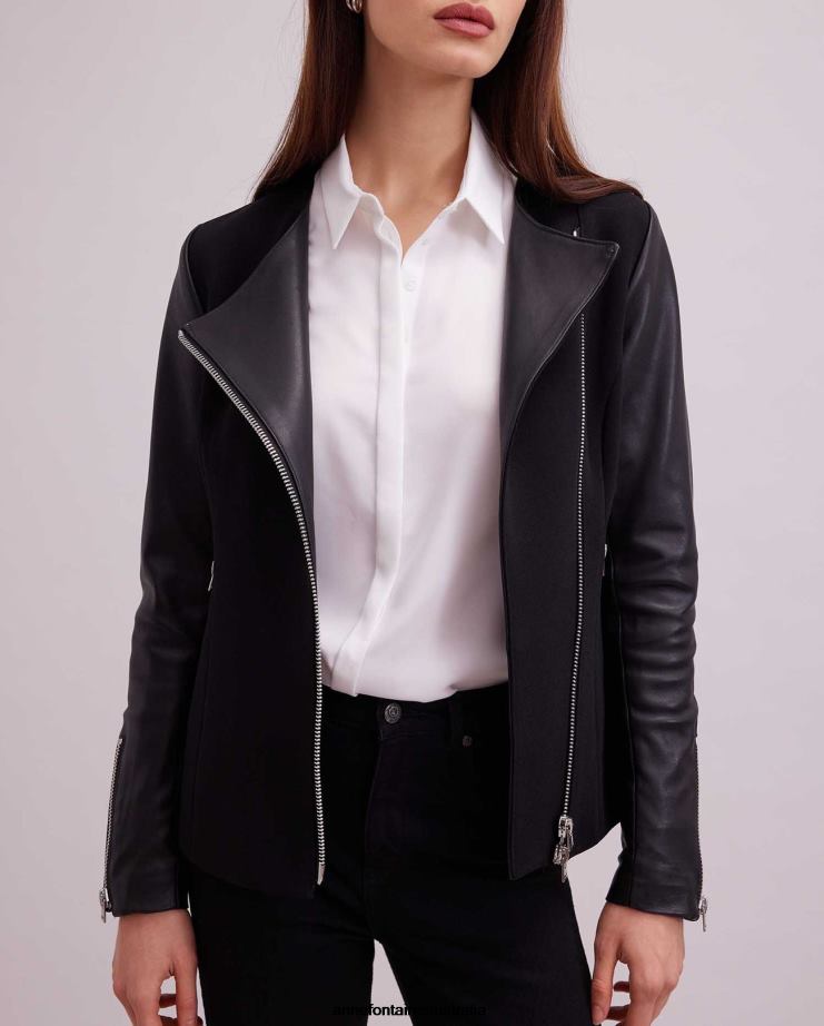 Anne Fontaine Clothing 2VZRJ426 Women Fatine Jacket Motorcycle Style Bi-material Jacket Black