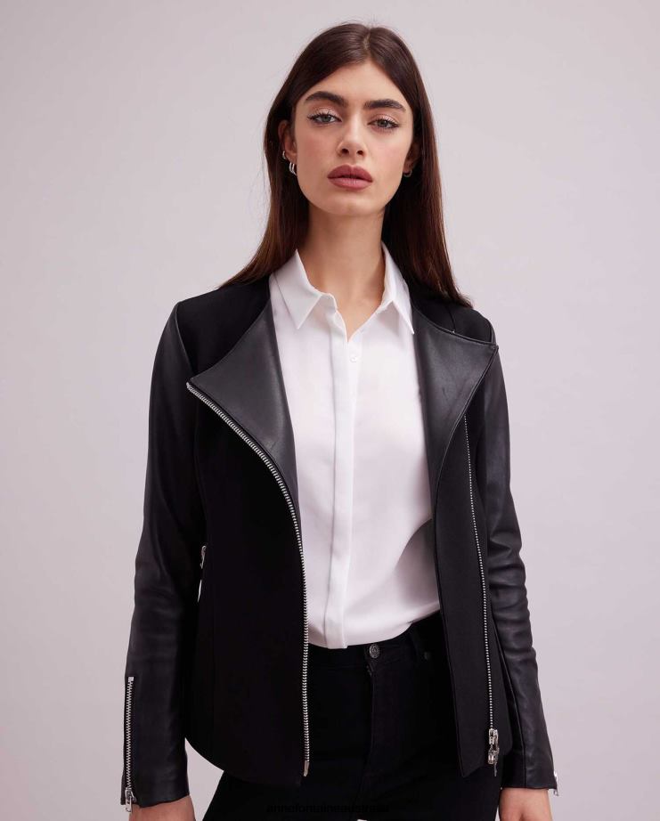 Anne Fontaine Clothing 2VZRJ426 Women Fatine Jacket Motorcycle Style Bi-material Jacket Black