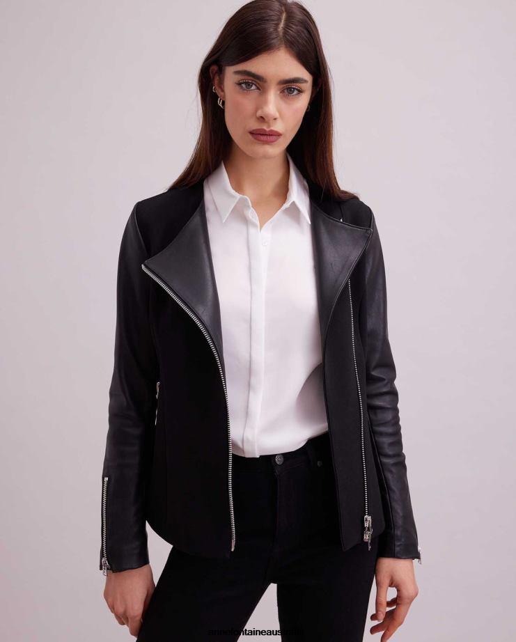 Anne Fontaine Clothing 2VZRJ426 Women Fatine Jacket Motorcycle Style Bi-material Jacket Black