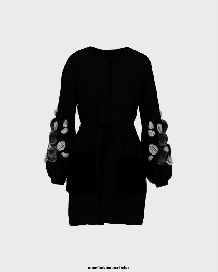 Anne Fontaine Clothing 2VZRJ427 Women Fasha Cardigan Waffle Knit Cardigan With Blouson Sleeves and and Floral Detailing Black/White