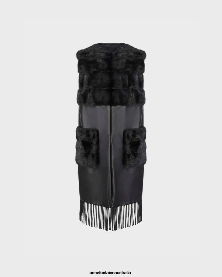 Anne Fontaine Clothing 2VZRJ428 Women Academic Vest Open Front Leather Vest Featuring Fringe and Fur Trims Black