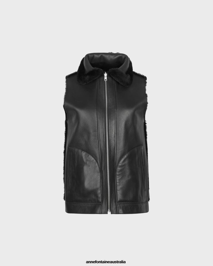 Anne Fontaine Clothing 2VZRJ429 Women Society Vest Reversible Leather and Shearling Vest With a Collar and Exposed Zippers Silver