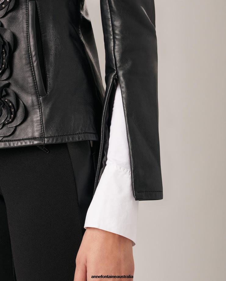 Anne Fontaine Clothing 2VZRJ432 Women Loryna Jacket Leather Jacket With Front Flowers Black