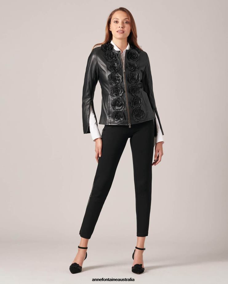Anne Fontaine Clothing 2VZRJ432 Women Loryna Jacket Leather Jacket With Front Flowers Black